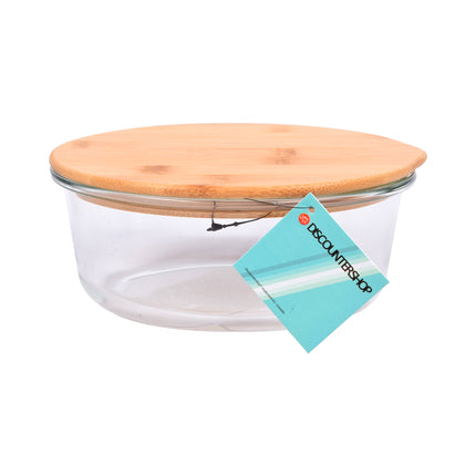 Transparante Saladekom van Glas en Bamboe - 17.5 cm - Met Deksel - Ideaal voor Vershoudbakjes