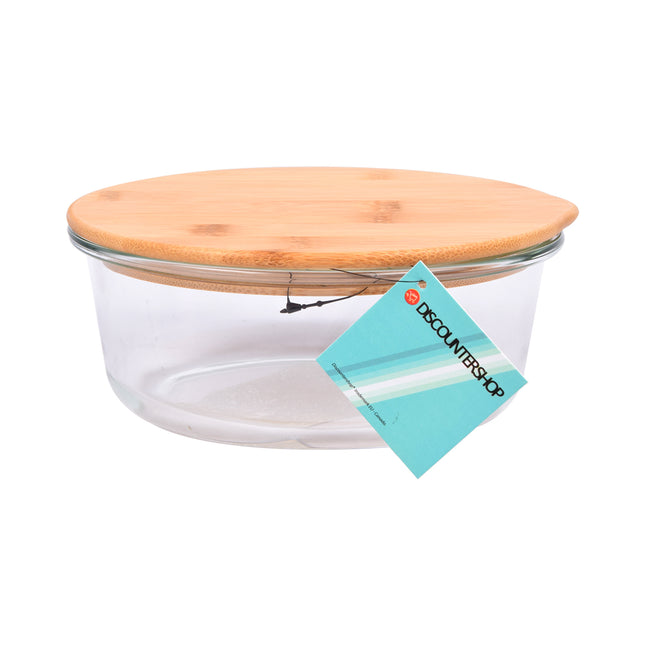 Transparante Saladekom van Glas en Bamboe - 17.5 cm - Met Deksel - Ideaal voor Vershoudbakjes