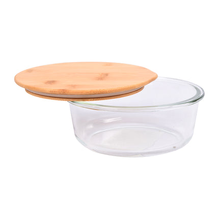 Transparante Saladekom van Glas en Bamboe - 17.5 cm - Met Deksel - Ideaal voor Vershoudbakjes