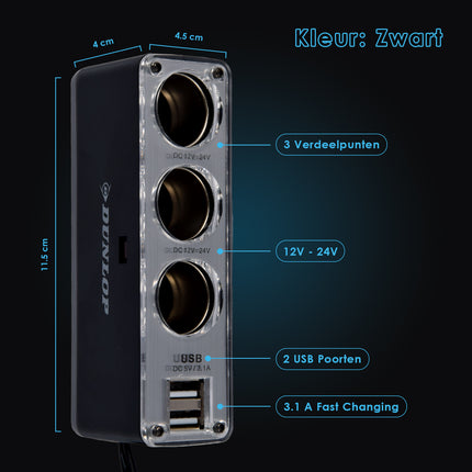 Autolader | Auto Oplader | 5-in-1 | Zwart | USB Splitter | 3.1A | Dubbele USB Poort | 3 12V Verdeelpunten | 50cm Kabel | Autoaccessoires | 4.5cm*11.5cm*4cm 