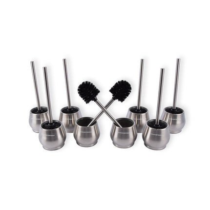 Premium Roestvrij Staal Toiletborstel Set | 8x WC Borstels met Sneldrogende Container en Stevig Handvat | Hygiënische Siliconen Borstels | Zilver | 10.5cm x 12m x 36cm