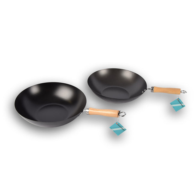 Stijlvolle Zwarte en Zilveren Koekenpannen met Anti-aanbaklaag voor Inductie - Set van 2 - RVS en Keramische Opties - 48cm x 30cm - Houten Handvat