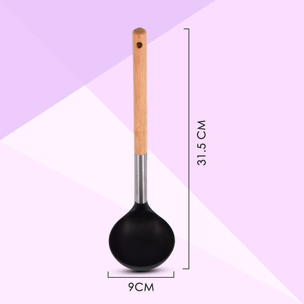 Soeplepel | Opscheplepel | Zilver & Zwart | Keukengerei | hout, RVS, nylon | Sauslepel | 31.5cm*9cm