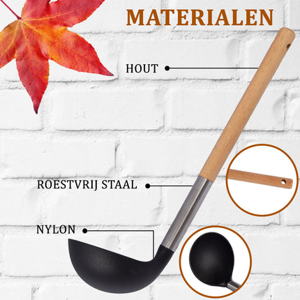 Soeplepel | Opscheplepel | Zilver & Zwart | Keukengerei | hout, RVS, nylon | Sauslepel | 31.5cm*9cm