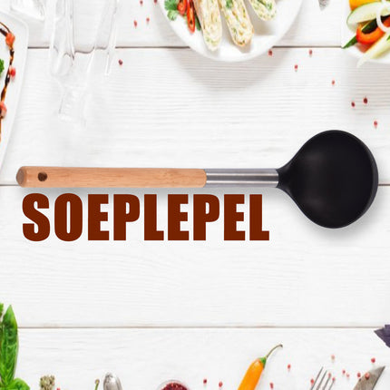 Soeplepel | Opscheplepel | Zilver & Zwart | Keukengerei | hout, RVS, nylon | Sauslepel | 31.5cm*9cm