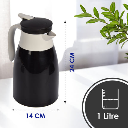 Zwarte en witte Kunststof Thermosfles 1 Liter - Isoleerfles met Metalen Deksel - 14x24x9 cm