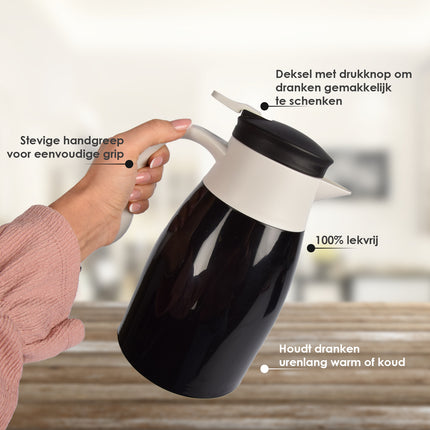 Zwarte en witte Kunststof Thermosfles 1 Liter - Isoleerfles met Metalen Deksel - 14x24x9 cm
