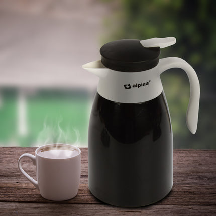 Zwarte en witte Kunststof Thermosfles 1 Liter - Isoleerfles met Metalen Deksel - 14x24x9 cm