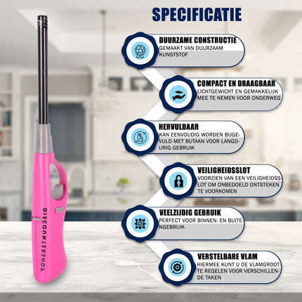 Gasaansteker 26 cm –Gas- Roze Aansteker – Keukenaansteker – Kinderslot – Voor Kaarsen, BBQ, Keuken en Kamperen – Navulbaar