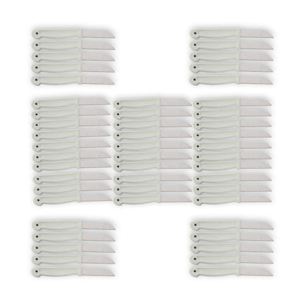 Uitgebreide Set van 50 Witte Messen: Schilmesjes, Koksmessen, Keukenmessen - Roestvrij Staal en Kunststof, 16x1x0.8 cm.