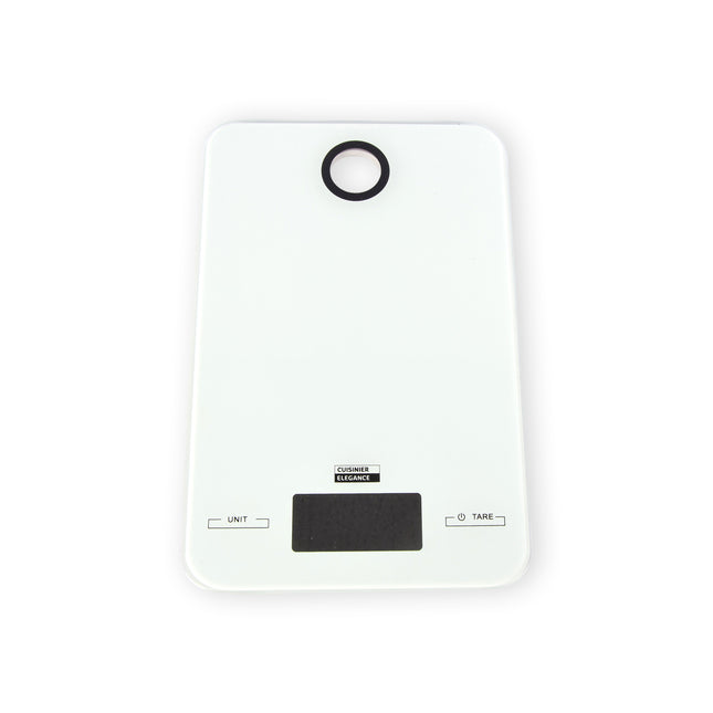 Stijlvolle Digitale Keukenweegschaal - Wit RVS/Glas - 2g-5kg Meetbereik - Batterijen Inbegrepen