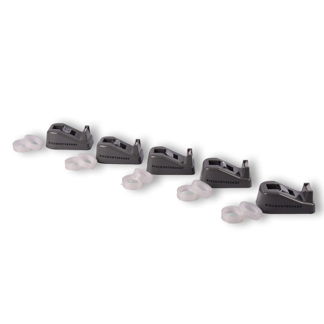 Grijze plakbandhouderset met 5 houders en 10 rollen van 12m lang - afmetingen 10cm x 5.5cm x 4cm.