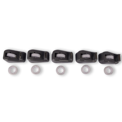 Grijze plakbandhouderset met 5 houders en 10 rollen van 12m lang - afmetingen 10cm x 5.5cm x 4cm.