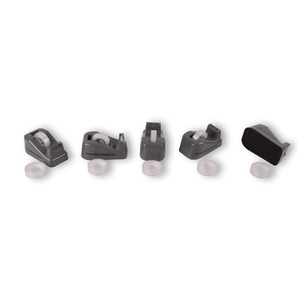 Grijze plakbandhouderset met 5 houders en 10 rollen van 12m lang - afmetingen 10cm x 5.5cm x 4cm.