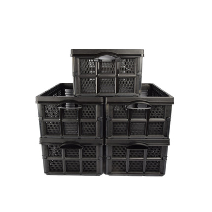 Vertrouwen Opbergen: Zwarte Vouwkrat 32 Liter | 5 Stuks | Innovatief Design Met 50cm x 21cm x 33cm | De Beste Keuze voor het Veilig Bewaren van Je Waardevolle Spullen | Opvouwbaar en Klaar om te Gaan