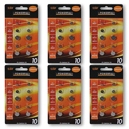Complete Set van 60 Hoogwaardige Zilveren Knoopcellen en Batterijen - Alkaline en Lithium, 1.5V - Bevat AG1, AG3, AG12, AG13, AG4 en AG10.