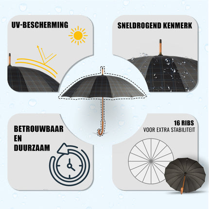 Elegantie & Functionaliteit: Grijs Stormparaplu Diameter - 102cm - Houten Handvat, Lichtgewicht Ontwerp