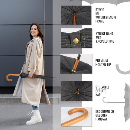 Elegantie & Functionaliteit: Grijs Stormparaplu Diameter - 102cm - Houten Handvat, Lichtgewicht Ontwerp