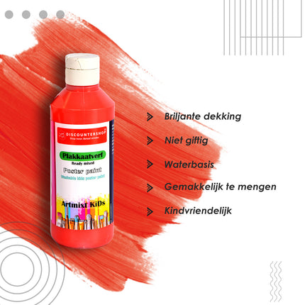 Plakkaatverf Set Rood | 4 Delige | 16 x 5 cm | 250 ml Elk | Geschikt voor Hout Papier Karton Steen Gips Metaal Plastic | Uitwasbaar en Uit Kleding Verwijderbaar | Ondoorzichtig en Droogt Watervast op 