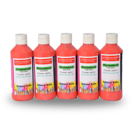 Rood Plakkaatverf Set Van 5 | Geschikt Voor Alle Ondergronden | Hoogte 16 cm | Breedte 5 cm | Elke 250 ml | Voor Volwassenen en Kinderen |  Waterbasis | Droogt Watervast op  