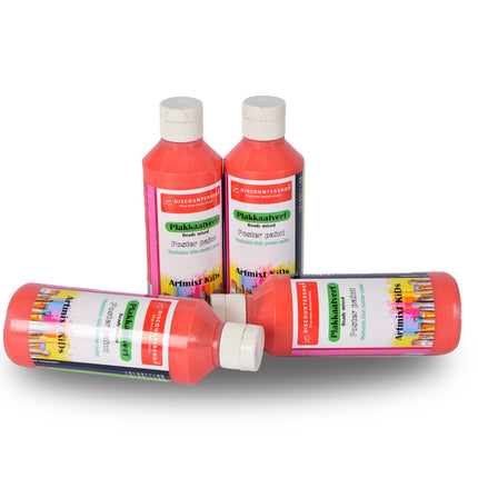 Plakkaatverf Set Rood | 4 Delige | 16 x 5 cm | 250 ml Elk | Geschikt voor Hout Papier Karton Steen Gips Metaal Plastic | Uitwasbaar en Uit Kleding Verwijderbaar | Ondoorzichtig en Droogt Watervast op 