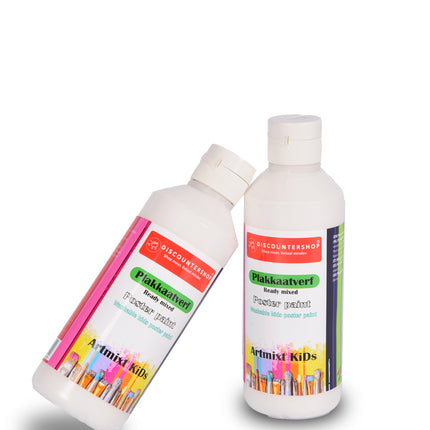 Witte Plakkaatverf Set Van 2 | 5 x 16 cm | 250 ml per fles | Artiesten Verf met Waterbasis | Ondoorzichtige Consistentie | Verouderingsbestendig | Ideaal voor  Posters en Schoolprojecten  