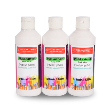 Witte Plakkaatverf Set 3x | Elke Set 250 ml | Verf op Waterbasis met Ondoorzichtige Consistentie | 5cm Breedte | 16cm Hoogte | Artiesten Verf met Doseeropening
