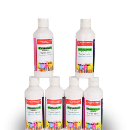 Plakkaatverf Set Van 6 Wit | Waterbasis Heldere & Ondoorzichtige Kleuren | 250 ml Per Fles | Hoog Gepigmenteerd en Lichtecht voor Kunstenaars Schilders | 5cm Breed |16cm Hoog 