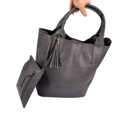 Trendy Grijze Schoudertas voor Dames - Enrico Benetti - PU Materiaal - 1 Vak inclusief Kleine Portemonnee - 41cmx20cmx34cm