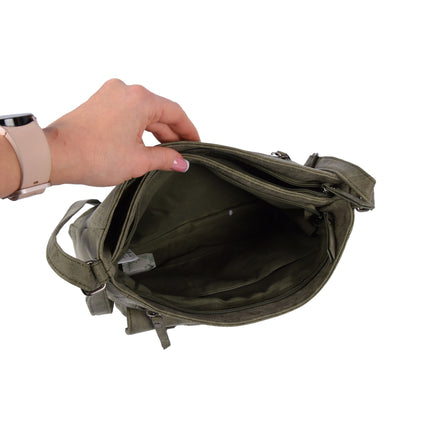 Dames Schoudertas Olijf - -Stoere Tas met Dubbele Ritssluiting & Magneetsluiting - Voorvakjes & Ruim Hoofdvak