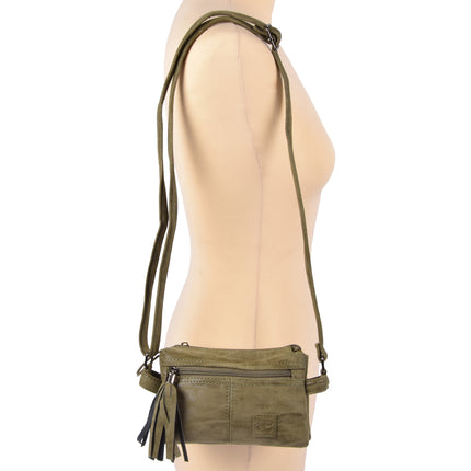 Damestas PU Leer | Schoudertasje - Olive - 4 Vakken, 8 Creditcardvakjes - 18cm x 6cm x 12cm - Crossbody Tas 