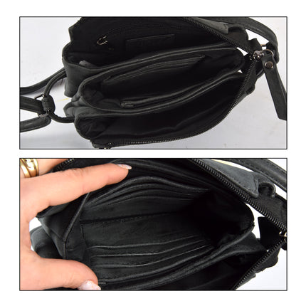 Stijlvolle Compacte Zwarte Crossbody- en Schoudertas 18cm x 6cm x 12cm - met 4 Vakken, 8 Creditcardvakjes, en 1 Ritsvak - Bicky Bernard | Trendy Accessoire