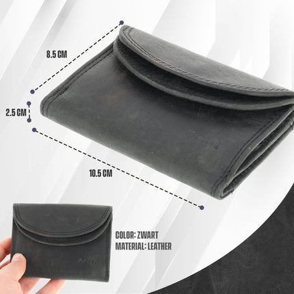 Dubbele Overslag Kleine Portemonnee | Unisex - RFID Anti Skim | Portefeuille Kleingeld | 2 Pasjeshouder, Muntvak & Biljetvak | 9x7x2cm - Zwart 