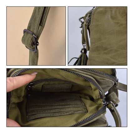 Trendy Olijfgroene Crossbody- en Schoudertas met Creditcardhouder - 3 vakken met 4 kleine vakjes en 7 creditcardvakken