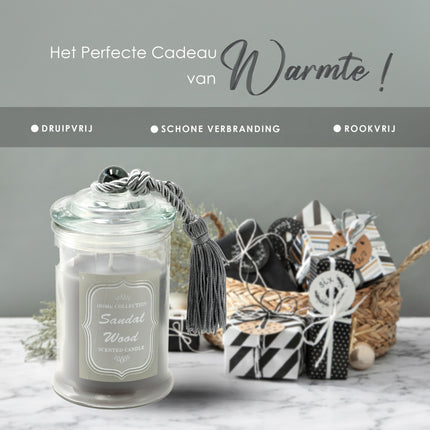Luxe Kaarsen in Glas - Geurkaars Sandalwood - 34 uur Brandduur - Stressverlichting Geurkaars voor Woonkamer & Slaapkamer