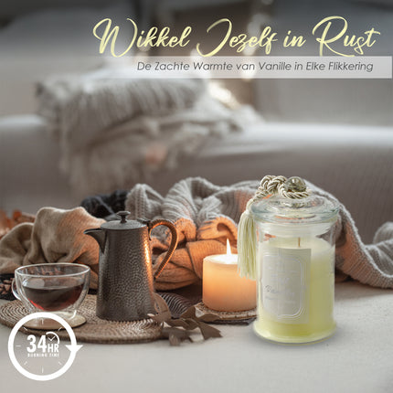 Luxe Kaarsen in Glas - Geurkaars Vanille - 34 uur Brandduur - Aromatherapie Geurkaars voor Woonkamer & Slaapkamer