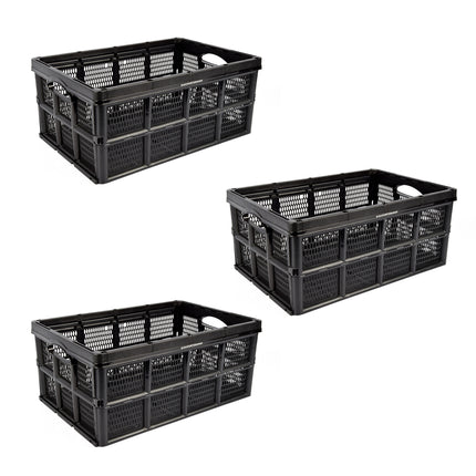 Pakket van 3 Inklapbare Kratten - 32 Liter - Zwart Plastic - 48cm x 35cm x 24cm - twee handgrepen aan de zijkant - zonder deksel 
