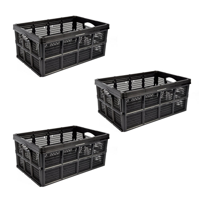 Pakket van 3 Inklapbare Kratten - 32 Liter - Zwart Plastic - 48cm x 35cm x 24cm - twee handgrepen aan de zijkant - zonder deksel 