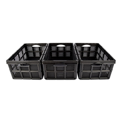 Pakket van 3 Inklapbare Kratten - 32 Liter - Zwart Plastic - 48cm x 35cm x 24cm - twee handgrepen aan de zijkant - zonder deksel 