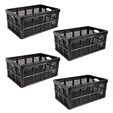 Ruimtebesparende Vouwbox - set van 4 - 32L Capaciteit - Zwart - Opvouwbare Krat zonder Deksel - 48cm x 35cm x 24cm