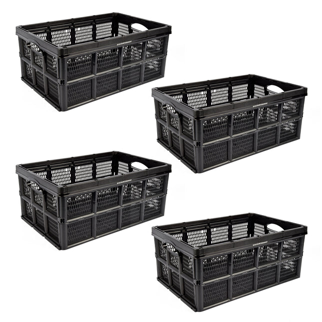 Ruimtebesparende Vouwbox - set van 4 - 32L Capaciteit - Zwart - Opvouwbare Krat zonder Deksel - 48cm x 35cm x 24cm