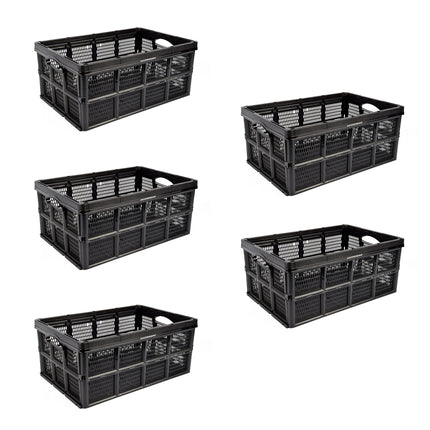 Inklapbaar Vouwkrat van Plastic - 32 Liter - opbergkrat zonder deksel - Zwart - Set van 5 - Vouwbox - 48cm x 35cm x 24cm - Twee zijhandvatten 