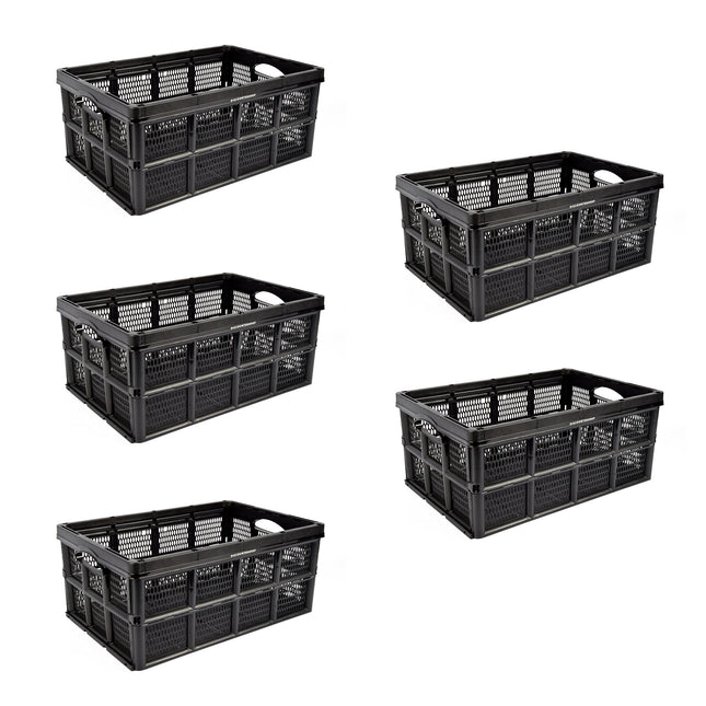 Inklapbaar Vouwkrat van Plastic - 32 Liter - opbergkrat zonder deksel - Zwart - Set van 5 - Vouwbox - 48cm x 35cm x 24cm - Twee zijhandvatten 