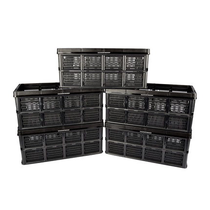 Inklapbaar Vouwkrat van Plastic - 32 Liter - opbergkrat zonder deksel - Zwart - Set van 5 - Vouwbox - 48cm x 35cm x 24cm - Twee zijhandvatten 