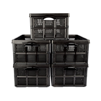 Inklapbaar Vouwkrat van Plastic - 32 Liter - opbergkrat zonder deksel - Zwart - Set van 5 - Vouwbox - 48cm x 35cm x 24cm - Twee zijhandvatten 