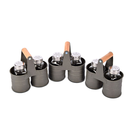 3-delige Donkergrijze Peper en Zoutmolen Set met 6 Strooiers - Handmatige Keukenmolens - 14cm x 13cm