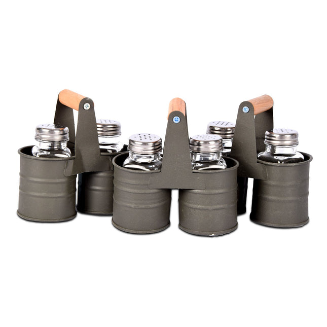 3-delige Donkergrijze Peper en Zoutmolen Set met 6 Strooiers - Handmatige Keukenmolens - 14cm x 13cm