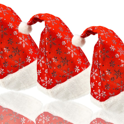 Kerstmuts Volwassenen Unisex met Sneeuwvlokken - 3 Stuks - 62cm Hoofd - Rood Wit - Goedkope Kerstmuts voor Mannen en Vrouwen - Perfect voor Kerstoutfits en Sinterklaas!