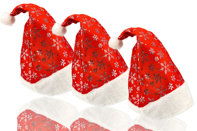 Kerstmuts Volwassenen Unisex met Sneeuwvlokken - 3 Stuks - 62cm Hoofd - Rood Wit - Goedkope Kerstmuts voor Mannen en Vrouwen - Perfect voor Kerstoutfits en Sinterklaas!