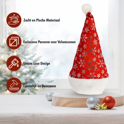 Kerstmuts Volwassenen Unisex met Sneeuwvlokken - 3 Stuks - 62cm Hoofd - Rood Wit - Goedkope Kerstmuts voor Mannen en Vrouwen - Perfect voor Kerstoutfits en Sinterklaas!